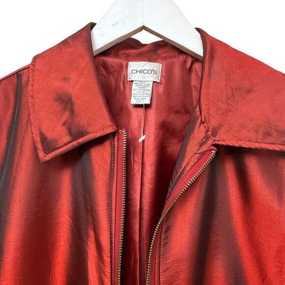 CHICOS Red Satin Shimmer Jacket Size Medium (Chicos 1) Zip Front Evening Holiday - Picture 2 of 9